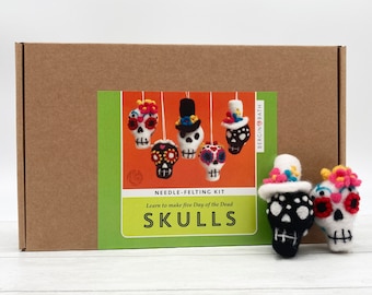 Needle felting kit - sugar skulls. Learn to make FIVE Halloween decorations from natural wool fibres.