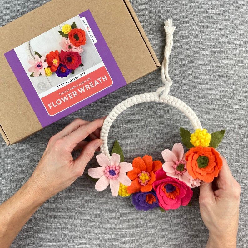 Felt Flower Wreath Kit. Make a DIY floral wreath with this craft kit for adults. Learn macrame and flower making skills. image 9