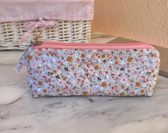 Floral Quilted Pencil Case  -  Small Makeup Bag with Pink Zipper, Handmade Fabric Pouch