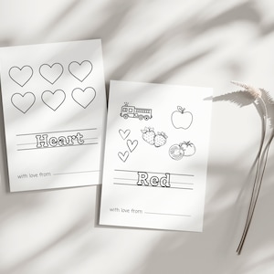 Puede incluir: Dos páginas para colorear imprimibles. La primera página presenta seis corazones y el texto "Heart" con la frase "with love from" debajo. La segunda página presenta un camión de bomberos, una manzana, dos fresas y dos tomates. El texto "Red" está escrito debajo de las imágenes con la frase "with love from" debajo.