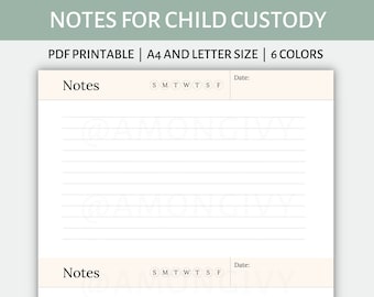 Notes for Child Custody Situation, Custody Court Case, Single Parent, Co-parenting | Printable Child Custody Journal | PDF | A4 and Letter