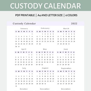 May include: A printable custody calendar for 2022, with each month displayed in a separate grid. The calendar is designed in a light purple color scheme with black text. The calendar includes the days of the week, numbered dates, and the months of the year. The text "Custody Calendar" appears at the top of the calendar, followed by the year "2022". The text "PDF Printable | A4 and Letter Size | 6 Colors" appears below the calendar. The text "Legend" and "@AMONGIVY" appear at the bottom of the calendar.