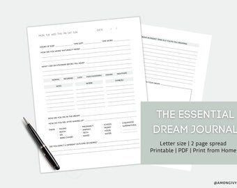 The Essential Dream Journal with Guided Prompts, Dream Catchers Log, Dream Diary, Dream Notebook, Letter, PDF Printable Digital