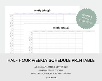 Half Hour Weekly Schedule Printable, Weekly Planner Landscape, Weekly Agenda, Undated Template, PDF Editable  A4/A5/Half Letter/Letter