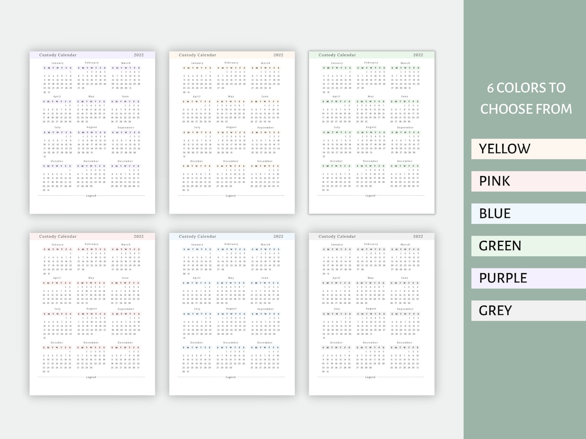 Custody Calendar for Tracking Timeline Events, Visitations, Phone Calls