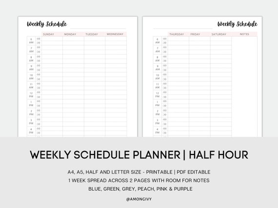 Half Hour Weekly Schedule Printable Weekly Planner Insert | Etsy