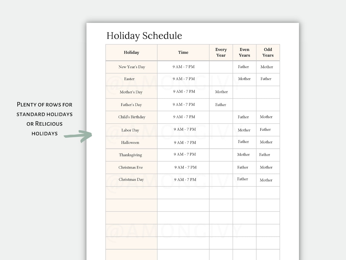 Printable Holiday Schedule for Child Custody Medical Records Etsy