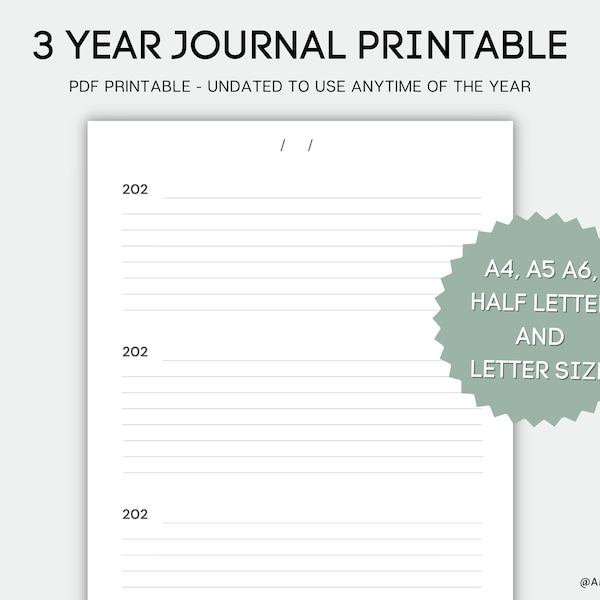 3 Year Journal Printable, Daily Journaling, One Line a Day for 3 Years, PDF Printable, A4 A5 A6 Half Letter and Letter sizes