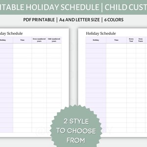 Printable Holiday Schedule for Child Custody | Medical Records for Court Custody | Printable Child Custody Journal | PDF | A4 and Letter