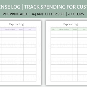 May include: Two printable expense log pages with the text "Expense Log" at the top of each page. The pages are divided into columns for date, expense/description, amount, and notes. The left page has a light purple header and the right page has a light green header.