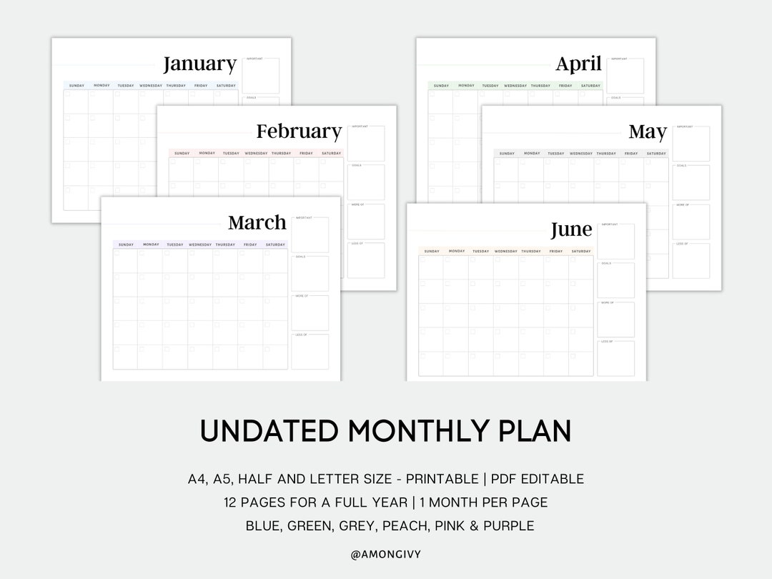 Monthly Undated Calendar | Blank Calendar | Landscape Printable ...