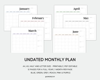 Monthly Undated Calendar | Blank Calendar | Landscape Printable Calendar | Blank Monthly PDF | Printable | A4/A5/Half Letter/Letter