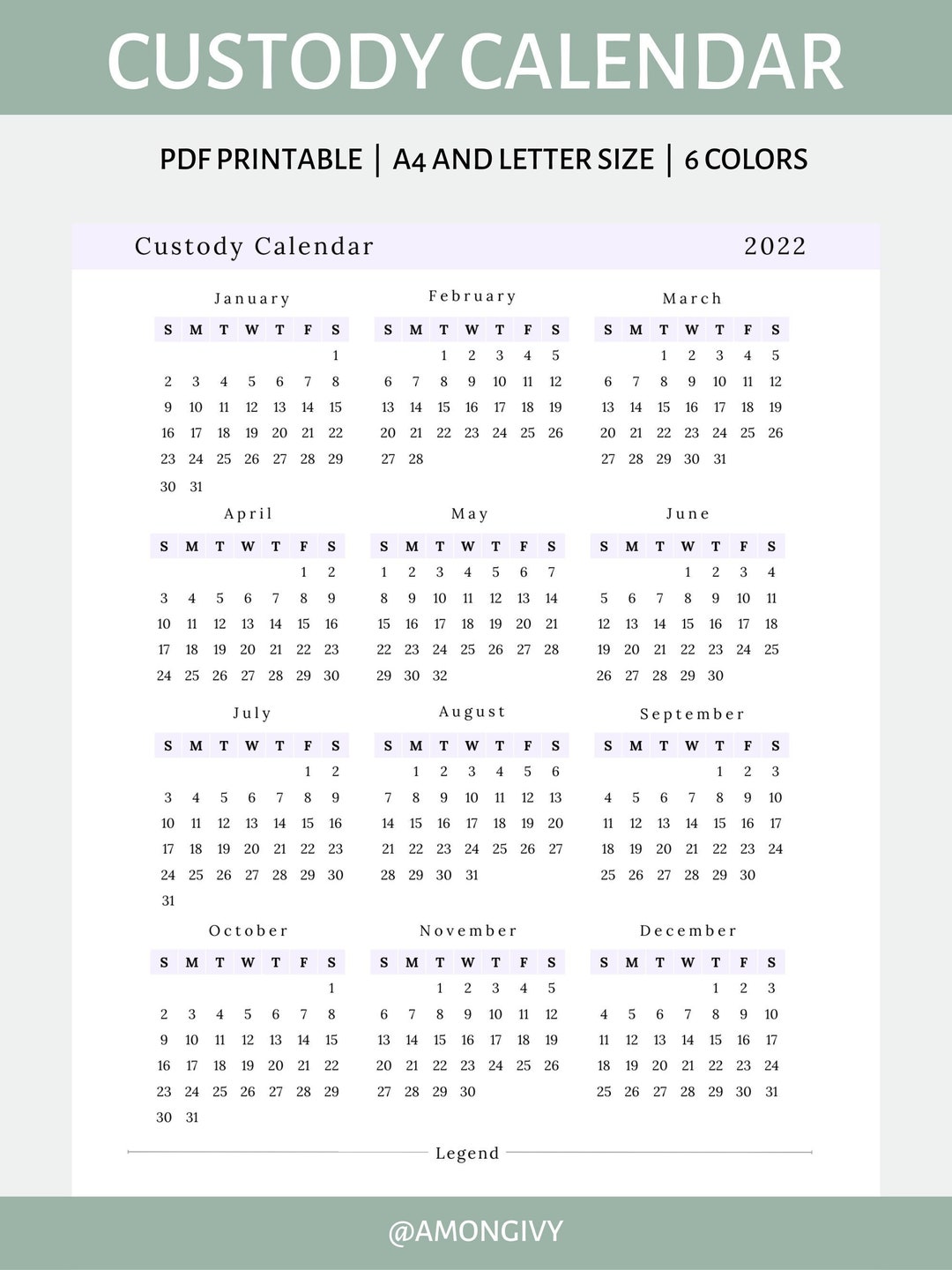 Custody Calendar for Tracking Timeline Events, Visitations, Phone Calls ...