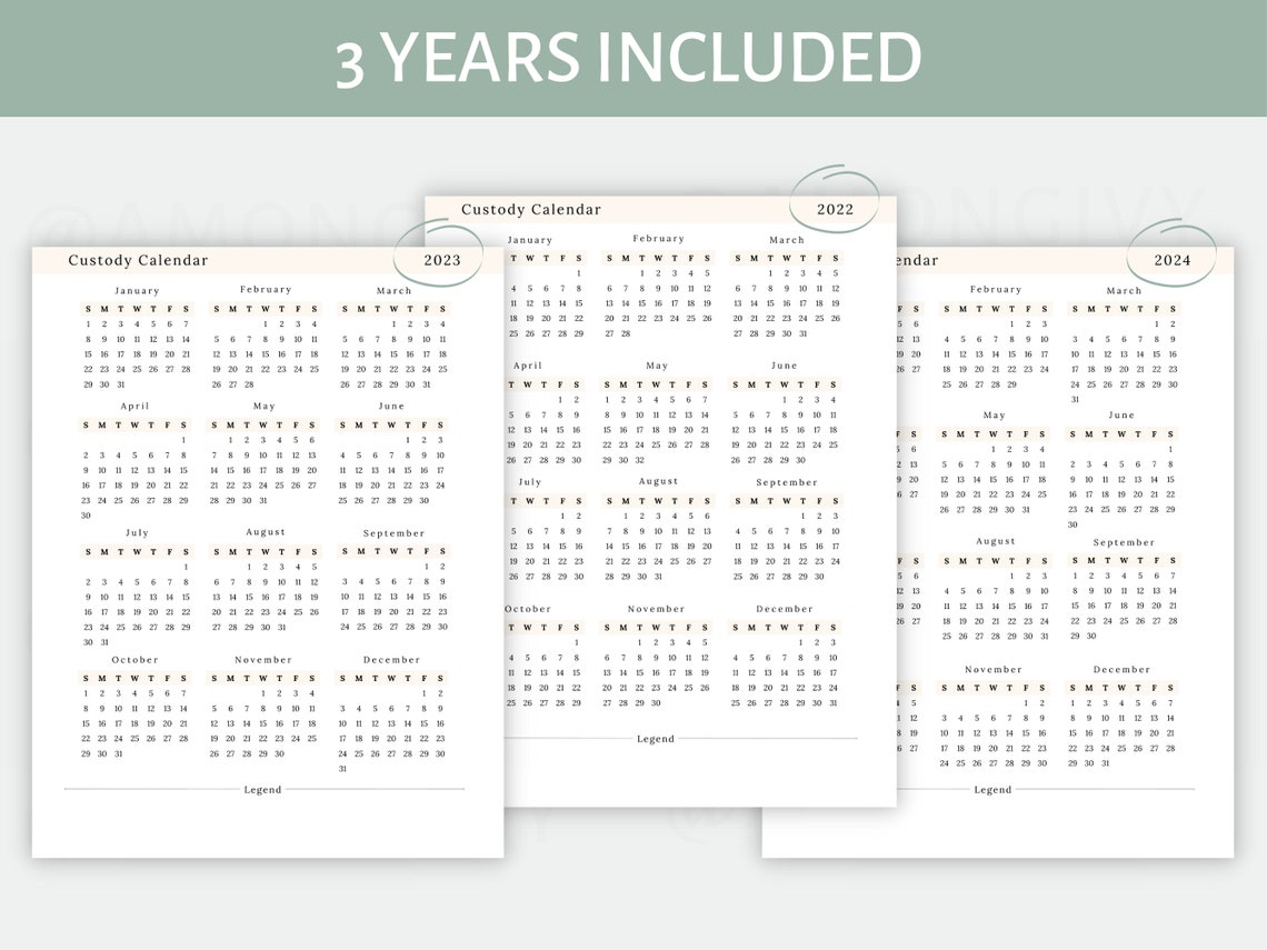 Custody Calendar for Tracking Timeline Events, Visitations, Phone Calls