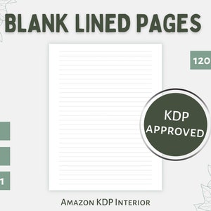 以下が含まれることがあります： 上部に「BLANK LINED PAGES」、下部に「AMAZON KDP INTERIOR」というテキストが書かれた、120ページの罫線付きの白いページ。ページは緑色のツタのデザインで囲まれています。右上に「KDP APPROVED」というテキストが書かれた緑色の円があります。右上に「120 PAGES」というテキストがあります。左下に「5X8」、「6X9」、「8.5 X 11」というテキストがあります。