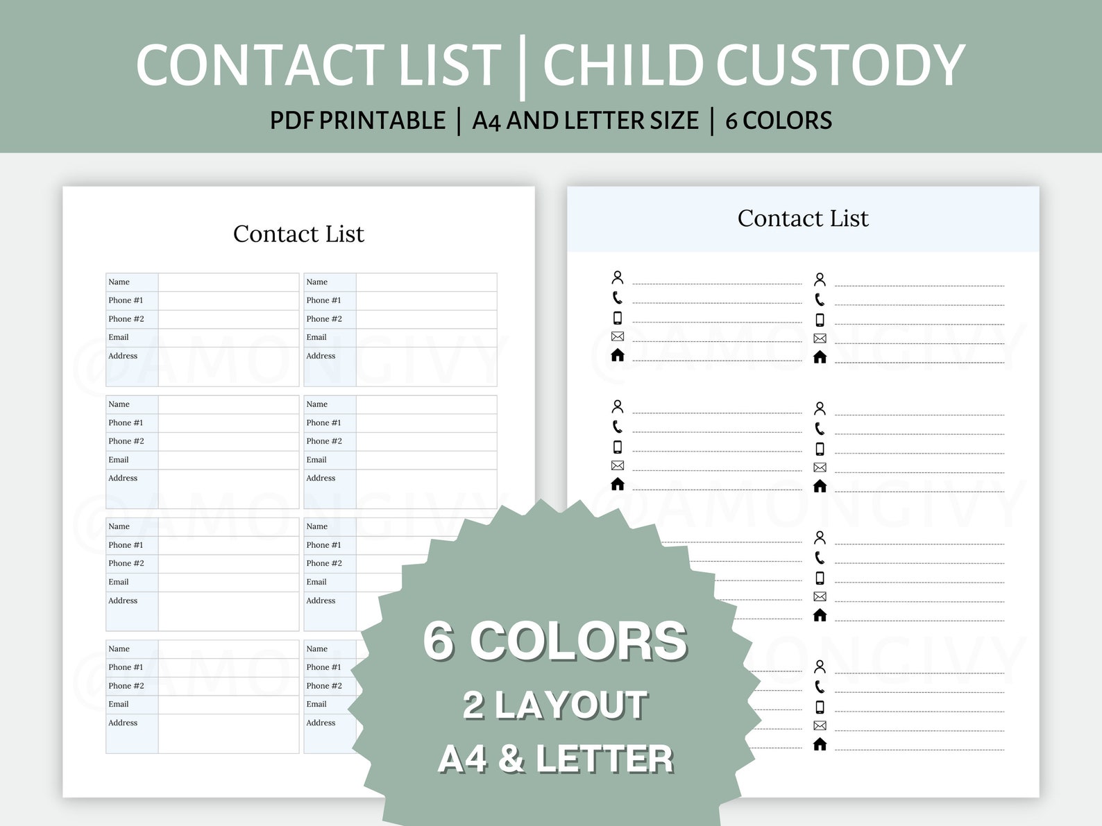 Printable Contact List | Quick Contacts for Child Custody Binders | Co ...