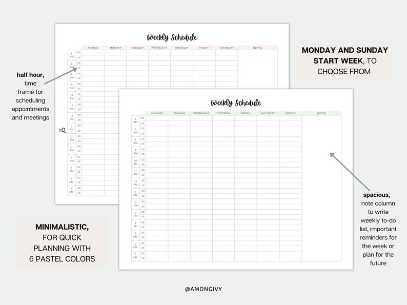 Half Hour Weekly Schedule Printable, Weekly Planner Landscape, Weekly ...