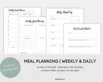 Weekly Meal Planner, Grocery List, Habit Tracker, Minimalist Meal Tracker, Daily Meal Log, PDF, Printable  A4/Letter