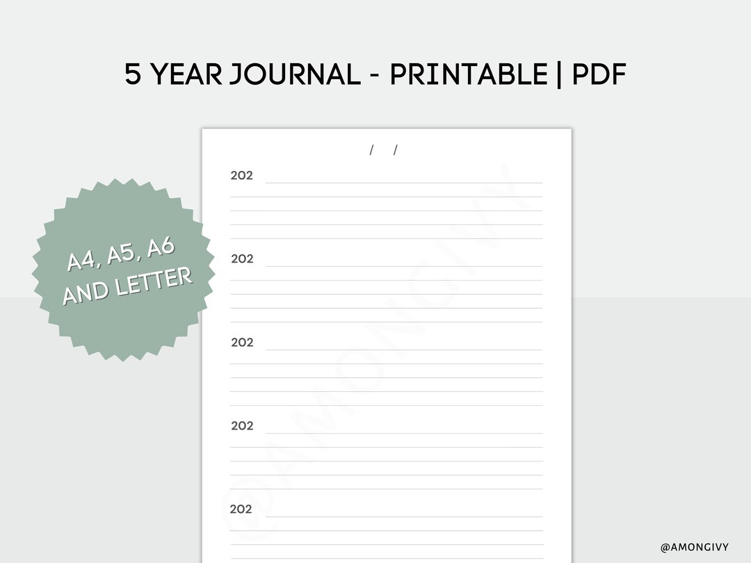 5 Year Journal, One Line a Day for 5 Years, PDF Printable, A4 A5 A6 and ...