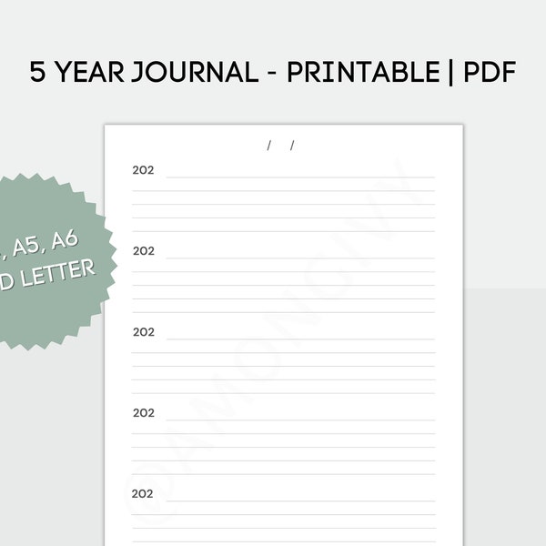 Journal de 5 ans, une ligne par jour pendant 5 ans, PDF imprimable, format A4 A5 A6 et format lettre