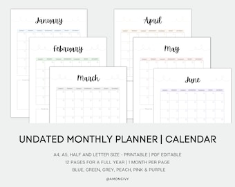 Sin fecha Planificador mensual Calendario Imprimible Retrato, Calendario de escritorio, Calendario de pared, Plantilla de calendario, PDF editable, A4/A5/Media carta/Carta