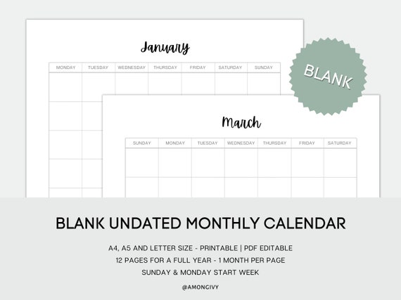 Blank Monthly Calendar Printable Landscape Printable Planner | Etsy