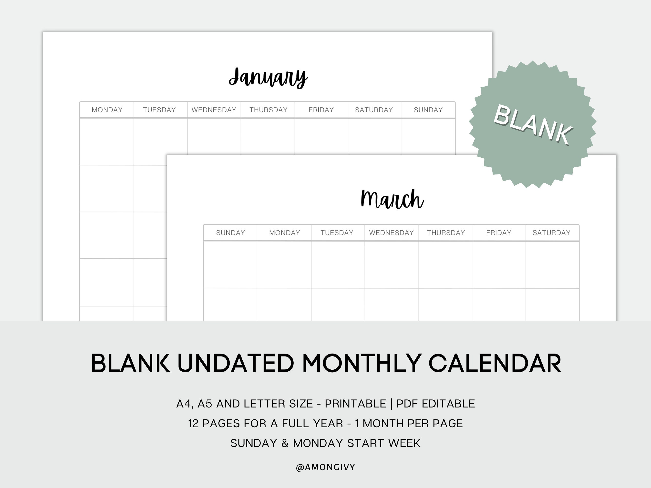 Blank Monthly Calendar Printable Landscape | Printable Planner ...