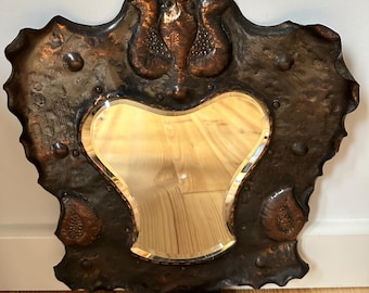 Antique Hammered Copper Mirror, Arts & Crafts Shield Shape