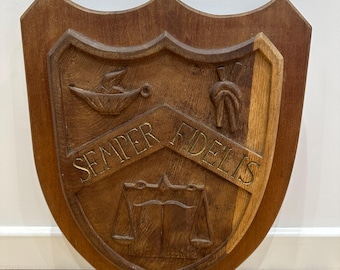 Antique hand carved wooden armorial wall plaque Semper Fidelis