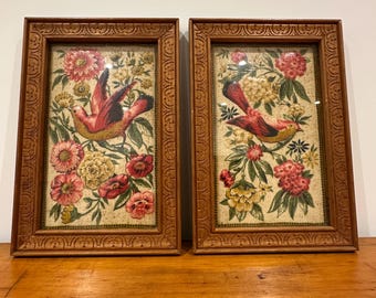 Pair Vintage Textile Framed Prints B.M LUX Wisconsin Hand Crafted Mid Century Wall Art