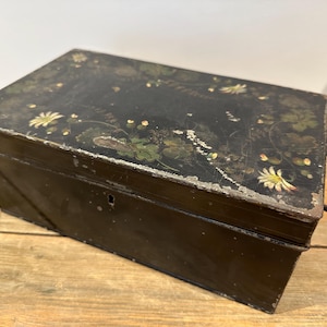 Antique Metal Hand Painted Floral Deed Keepsake Treasure Collectors Box