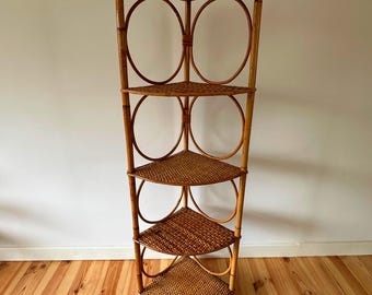 Vintage Bamboo Corner Shelving Unit Large Tall  Display Shelf Rattan Wicker Bamboo