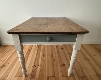 Antique Pine Kitchen Table, Rustic Farmhouse Dining Table with Drawer, Painted Victorian Pine Table