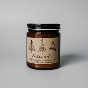 Balsam Fir, All Natural Hand Poured Soy Candle, Holiday Candle, Balsam Candle, Secret Santa, Made in Maine, Christmas Gift, Stocking Stuffer 9oz Amber Jar oz