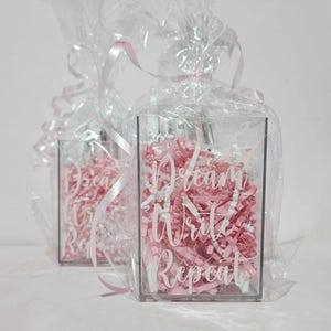 May include: Two clear acrylic containers filled with pink and white shredded paper. The containers have the text "Dream Write Repeat" on the front.