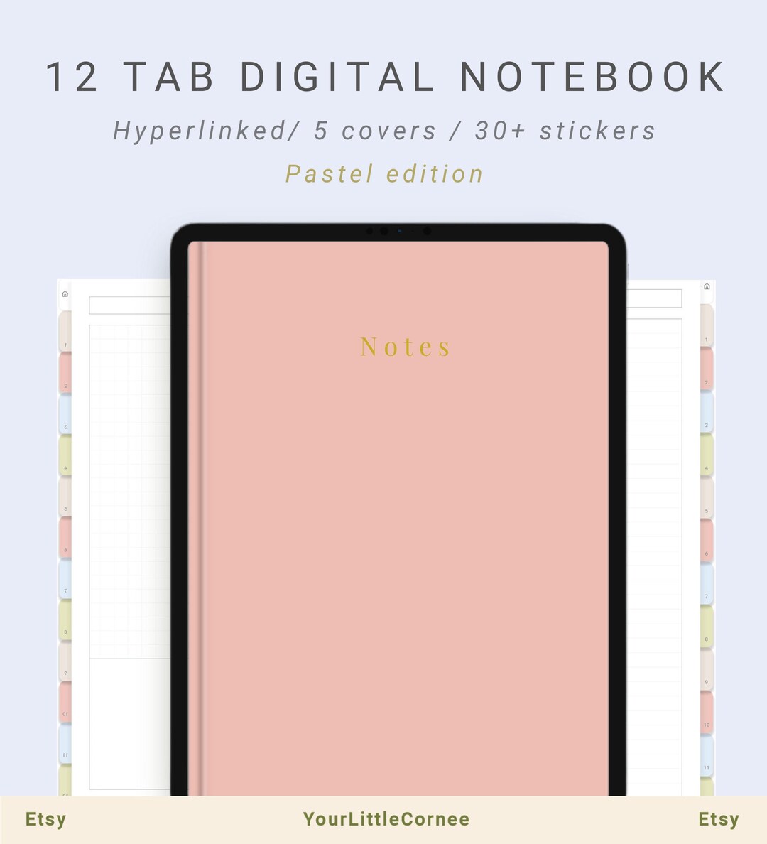 12 Tab Digital Notebook, Pastel Notebook, Hyperlinked PDF, 12 Subject ...