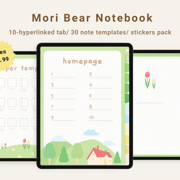 Mori Bear Digital Notebook for GoodNotes + Notability/ Hyperlinked Notebook + Tabs/Cute Planner Template /Kawaii Notebook/ Cute Sticker Pack