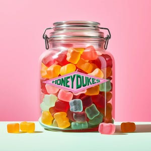 Może przedstawiać: Przezroczysty szklany słoik wypełniony kolorowymi żelkami w różnych kształtach i kolorach, w tym czerwonym, żółtym, pomarańczowym i zielonym. Słoik ma metalową pokrywkę i etykietę z napisem "HONEYDUKES". Kilka cukierków jest rozrzuconych.
