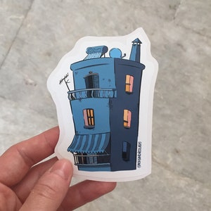 Le bâtiment de la nuit - le bleu, l'art de l'autocollant, le style grec
