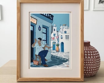 May include: A framed illustration of a man sitting on a chair outside a building with a blue door. The building has a sign that says "Καφενειο  ΣΕΛΗΝΗ". The illustration is set against a blue sky and white buildings.