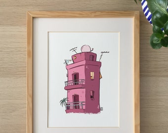 Rosa Gebäude Sonnenaufgang Kunstdruck | Griechische Architektur Illustration | Weicher Morgen Wandkunst