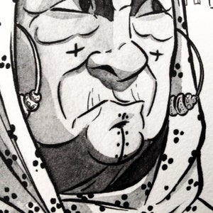 Puede incluir: Ilustraci&oacute;n en blanco y negro de la cara de una persona con un tatuaje de cruz en cada mejilla y un tatuaje de l&iacute;nea punteada en la barbilla. La persona lleva un pa&ntilde;uelo estampado.