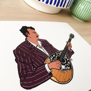 May include: A hand-drawn illustration of a person in a purple pinstripe suit playing a bouzouki, a traditional Greek musical instrument.