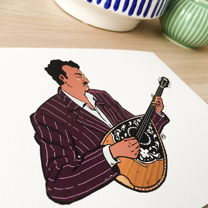 May include: A hand-drawn illustration of a person in a purple pinstripe suit playing a bouzouki, a traditional Greek musical instrument.