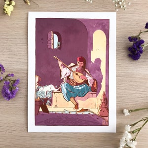 The Lute Player & the Cat, Art Print, Fine Art Giclee, Ethnic Culture