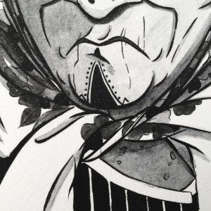 Puede incluir: Ilustraci&oacute;n en blanco y negro de la cara de una persona con un patr&oacute;n detallado alrededor del cuello. La persona lleva una prenda blanca con un patr&oacute;n negro.