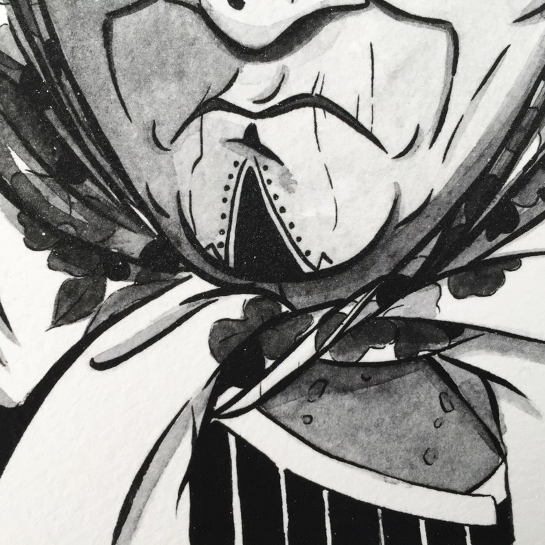 Puede incluir: Ilustraci&oacute;n en blanco y negro de la cara de una persona con un patr&oacute;n detallado alrededor del cuello. La persona lleva una prenda blanca con un patr&oacute;n negro.