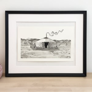 Gravure d’art de yourte mongole, Giclée d’art, Ilustración étnica