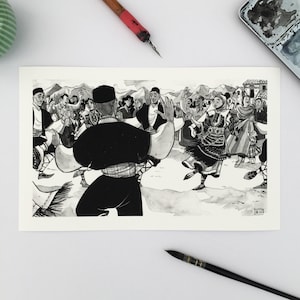 Traditional Bulgarian Dance Art Print, Fine Art Giclee, Ethnic Illustration