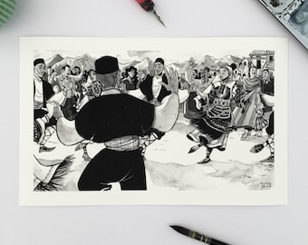 Traditional Bulgarian Dancers Art Print | Balkan Folk Dance Illustration | Eastern Europe Culture Wall Art